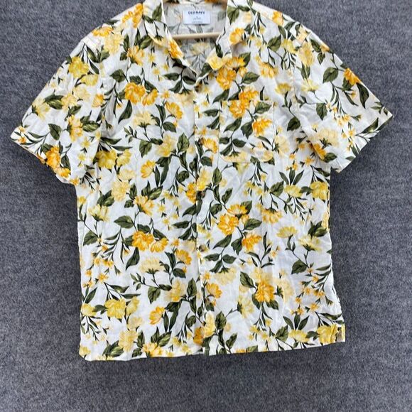 Old Navy Shirt Men M Medium White Floral Button Up Collared Linen Short Sleeve - Picture 4 of 9